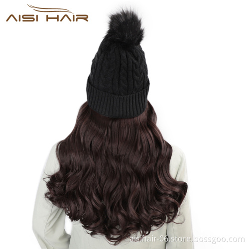 Aisi Hair Dark Brown Synthetic Long Wavy Cosplay Party Knit Slouchy Hat Fiber Hair Extension With Cap For Black White Women